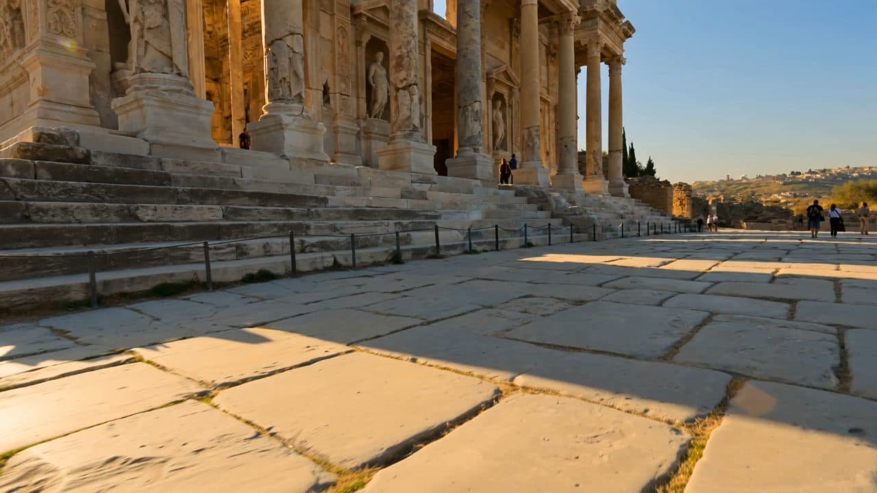 The facade of the Library of Celsus at Ephesus in low evening light, its two storeys of columns and statue niches seen across the marble plaza