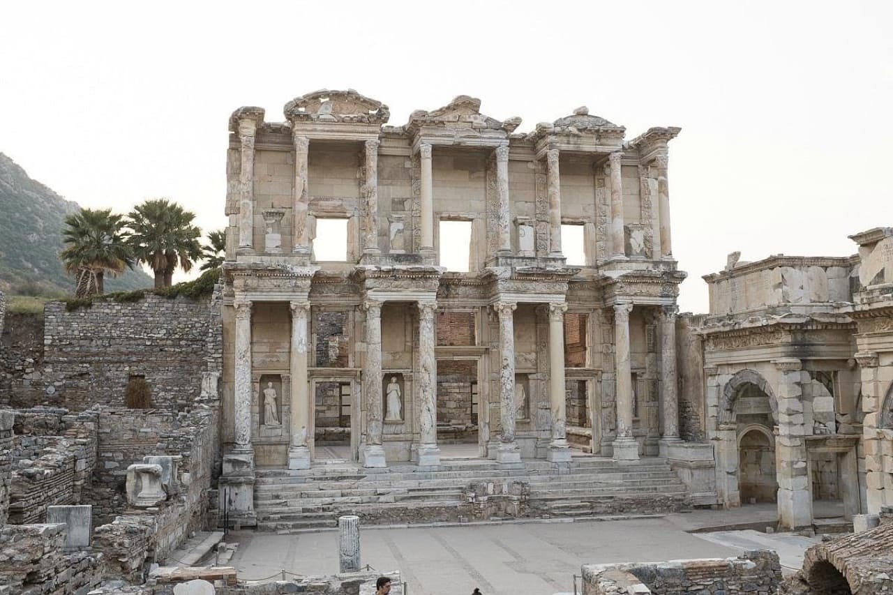 An ambient film of the Library of Celsus at Ephesus at dawn, rendered from our own photograph
