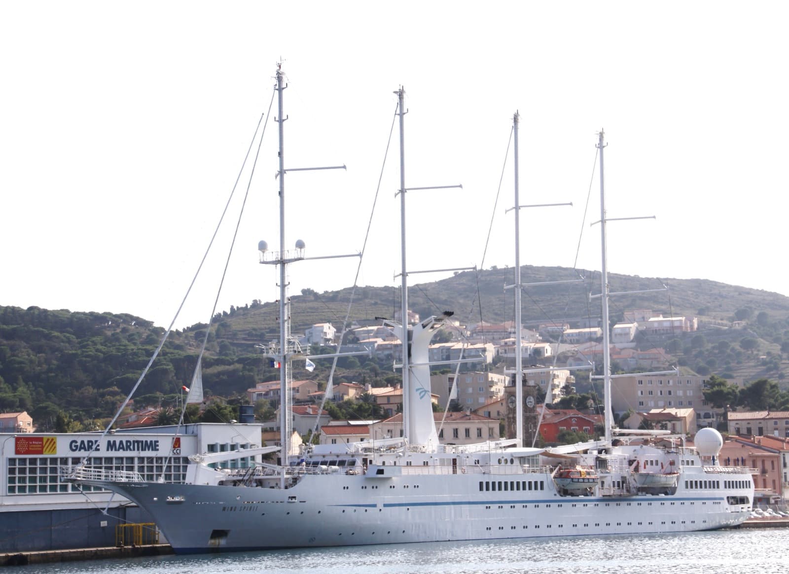 The four-masted Wind Spirit moored at Port-Vendres, France