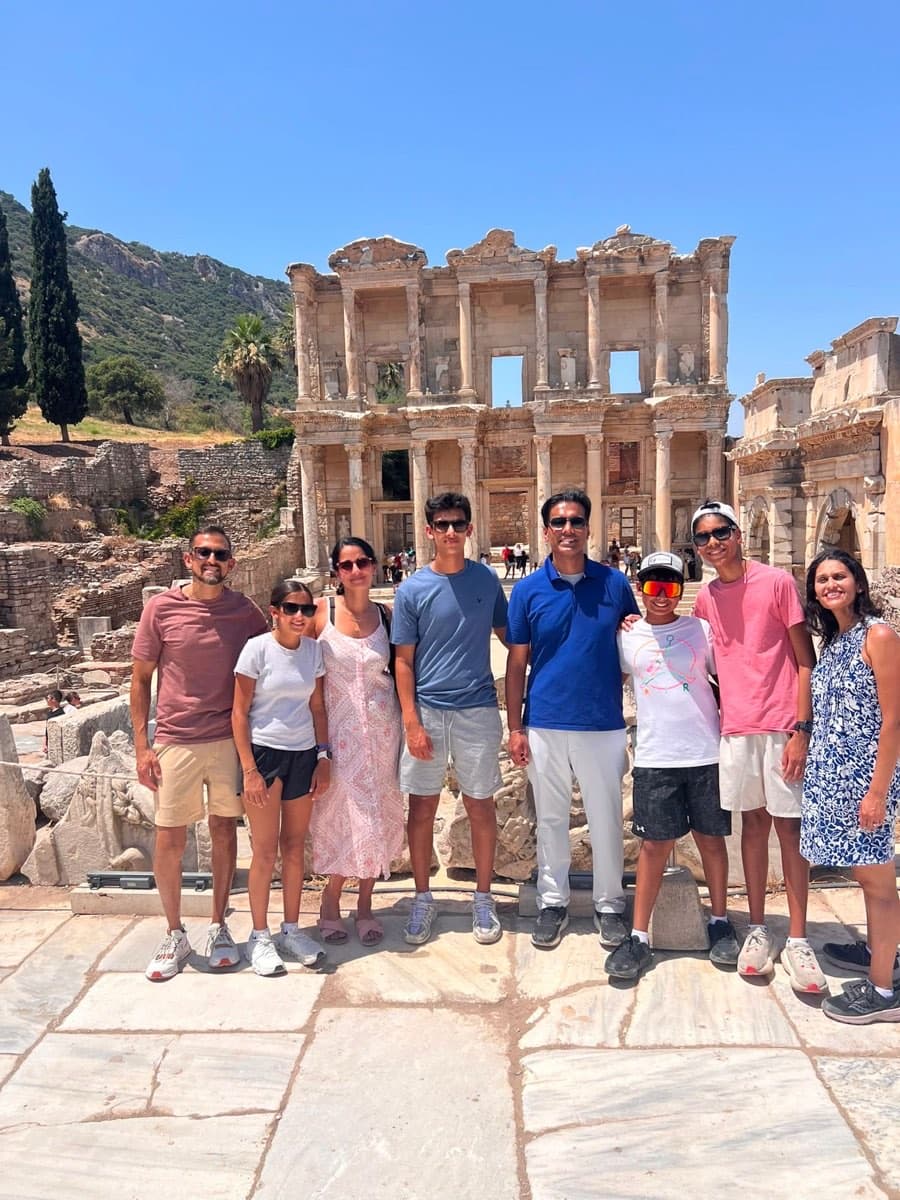 Eight guests from Royal Caribbean's Odyssey of the Seas before the Library of Celsus on a private Ephesus tour, 22 July 2026
