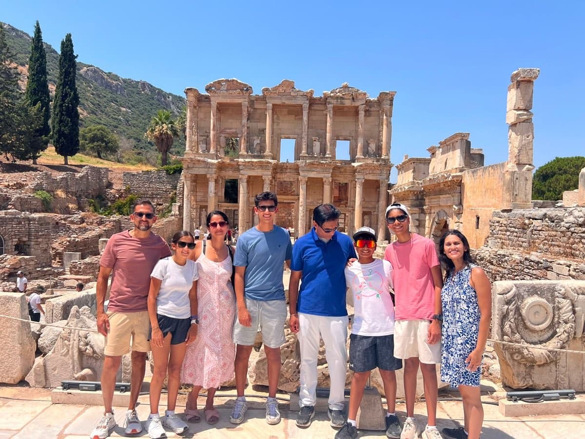 Family of eight from Royal Caribbean's Odyssey of the Seas in front of the Library of Celsus, Ephesus, 22 July 2026