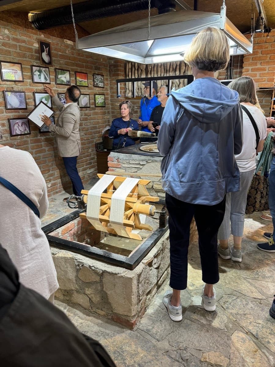 A presenter at a family silk workshop near Ephesus pointing to framed silkworm and cocoon illustrations on a brick wall, with the wooden reeling frame standing over its water basin in the foreground