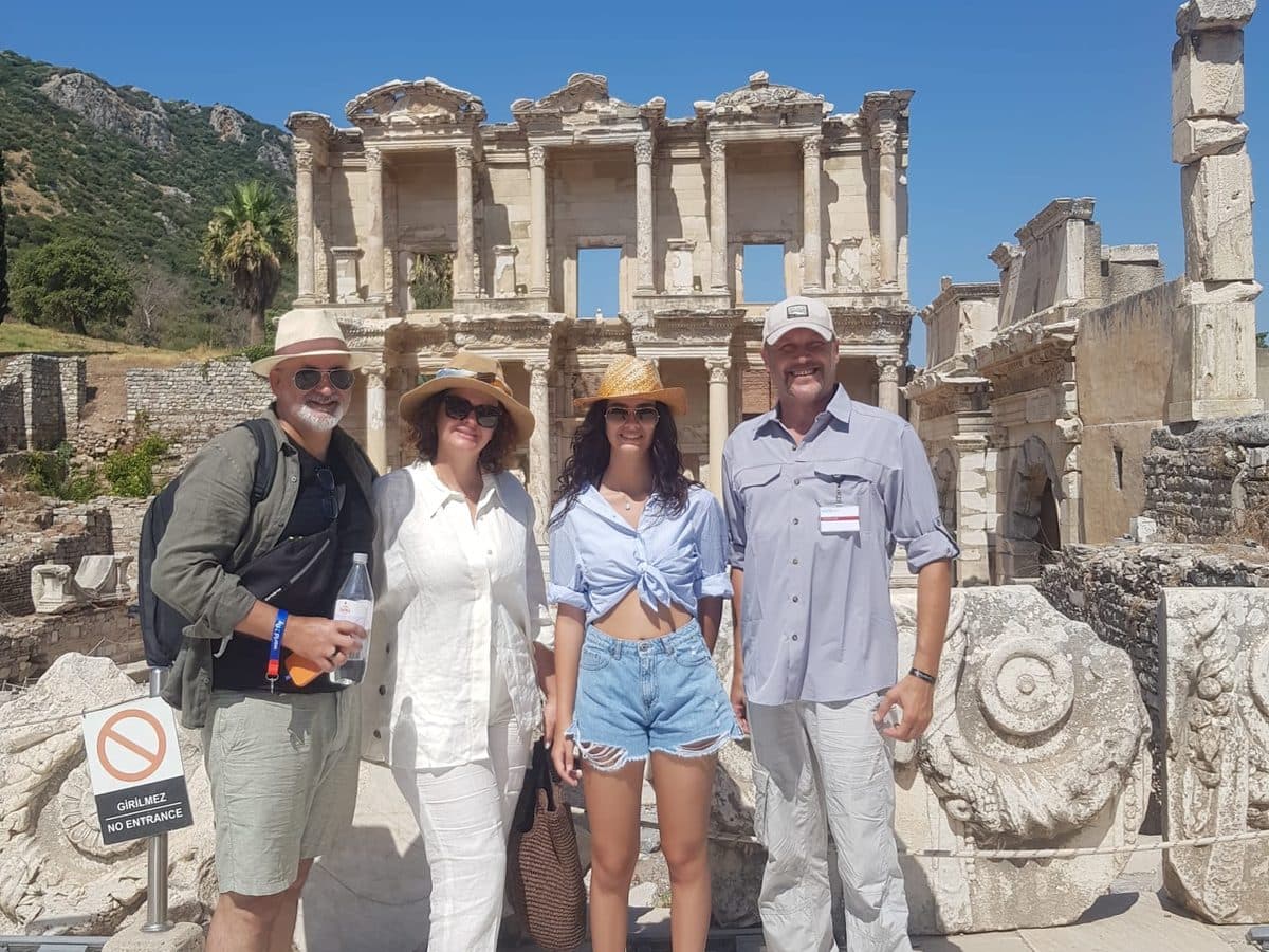 Our licensed guide Serdar Atalan with a private Ephesus tour group in front of the Library of Celsus, 28 July 2026