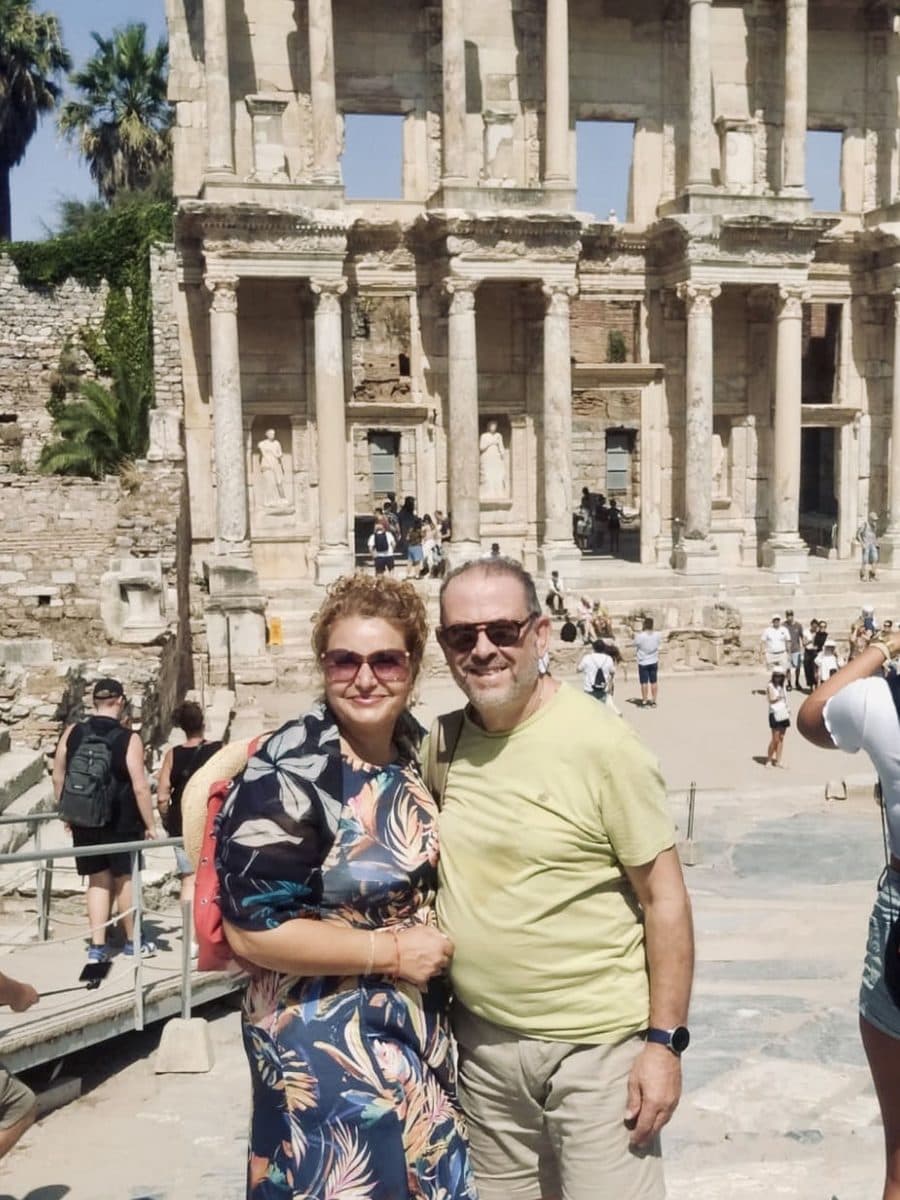 Couple from the MSC Divina at the foot of the Library of Celsus on a private Ephesus tour, 27 July 2026