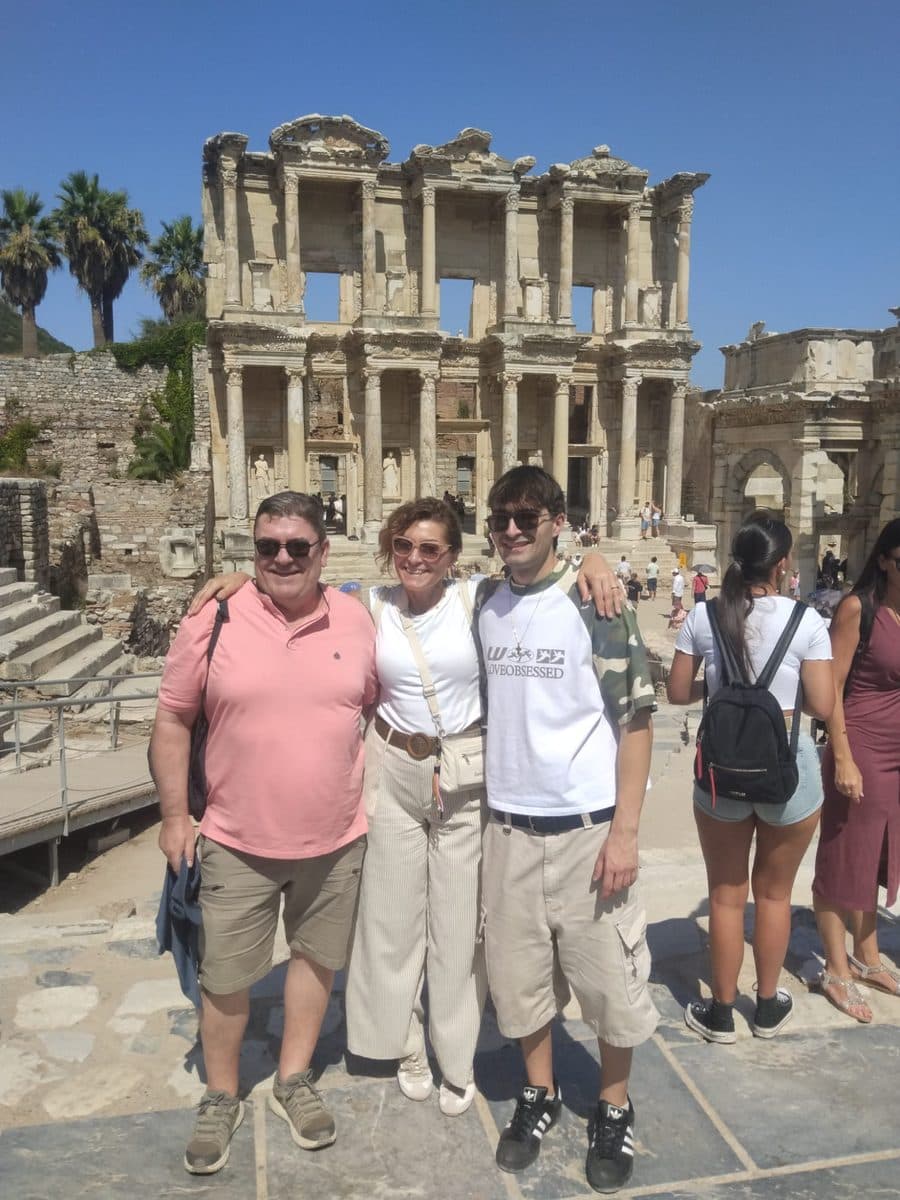Our Italian-speaking licensed guide Nedret Güngör with MSC Divina guests in front of the Library of Celsus on a private Ephesus tour, 27 July 2026