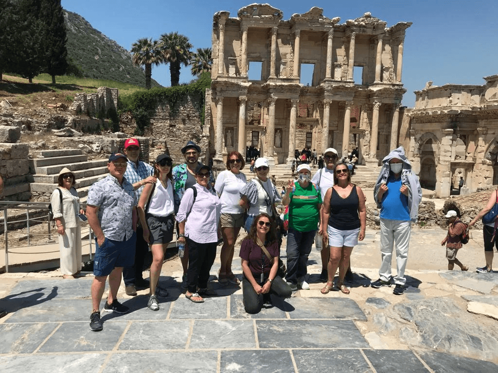 Mid-sized cruise group photographed in front of the Library of Celsus at Ephesus